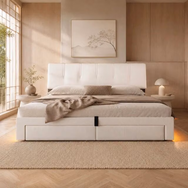 Letto matrimoniale imbottito 180 × 200 cm con contenitore idraulico cassetti USB Type-C LED in lino beige