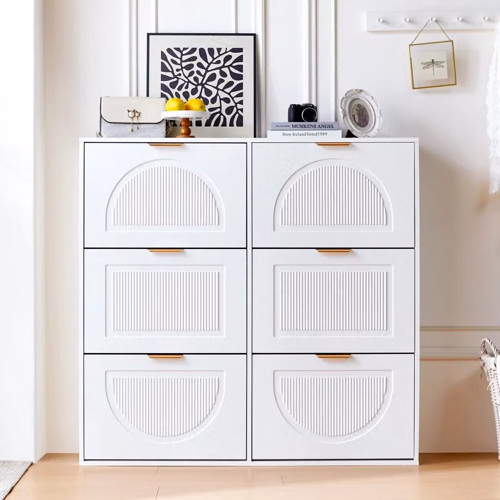 Scarpiera moderna per ingresso con 6 scomparti a ribalta e ripiani interni in MDF bianco L: 118 cm, P: 25 cm, H: 115 cm – 2