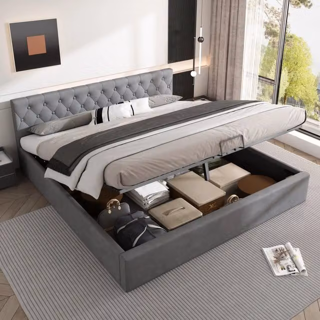 Letto imbottito in velluto matrimoniale 180 x 200 cm con testiera a bottoni, contenitore idraulico e rete a doghe - Grigio [OLD SKU:29775960AAH]