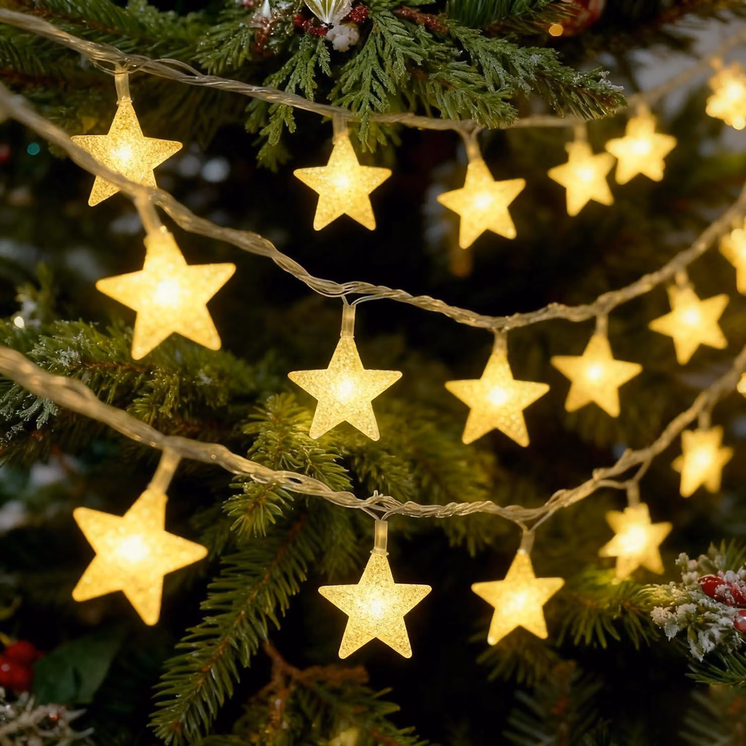 Catena luminosa a forma di stella, 3 metri, 30 LED, luce bianco caldo, alimentata a batteria