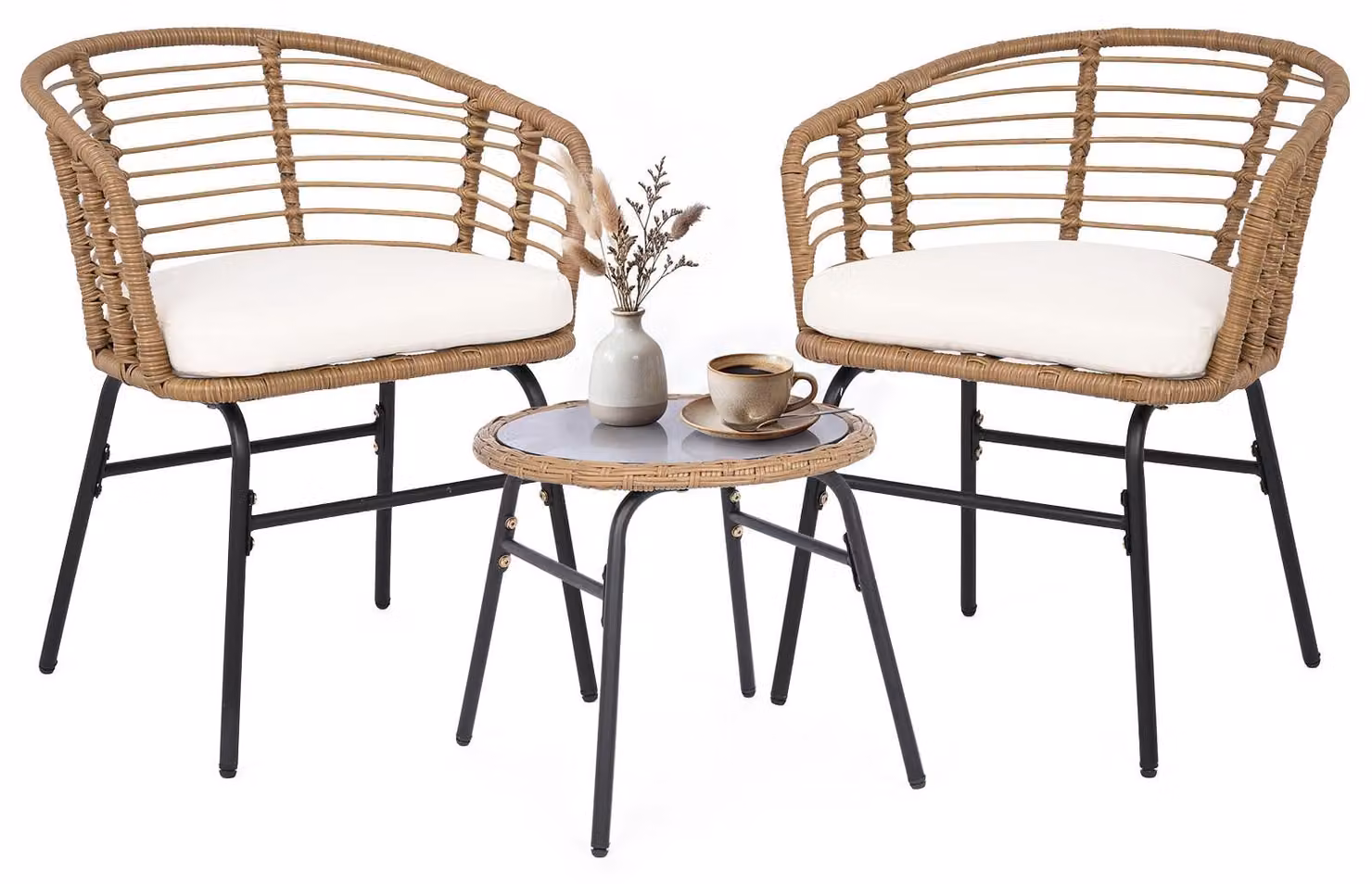 Set da giardino COSTWAY da 3 pezzi in polyrattan, set da bistrot per 2 persone, mobili da balcone con tavolo in vetro e sedie ergonomiche, salottino con cuscini