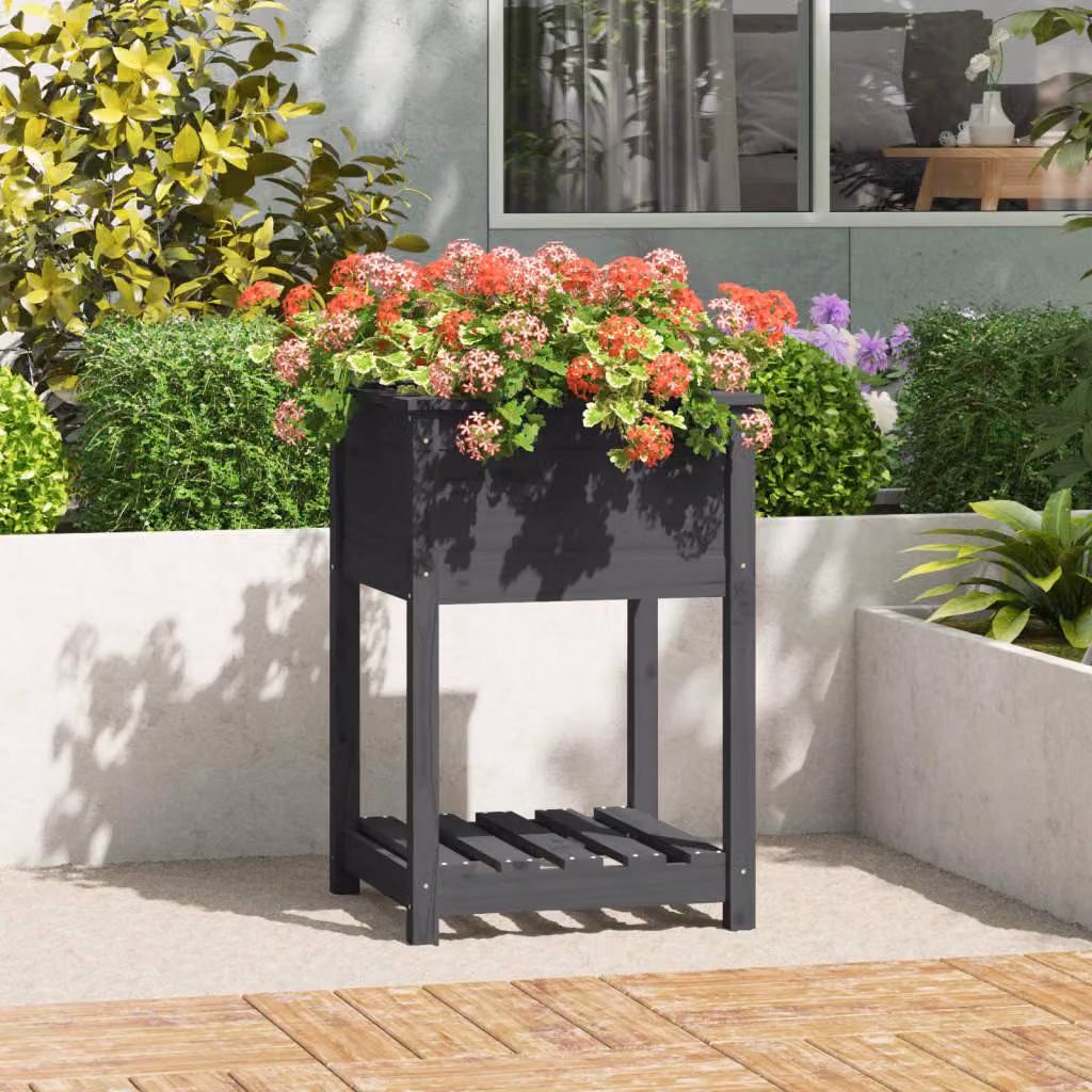 Fioriera rialzata con mensola vidaXL in legno di pino grigio L: 54 cm, P: 54 cm, H: 81 cm