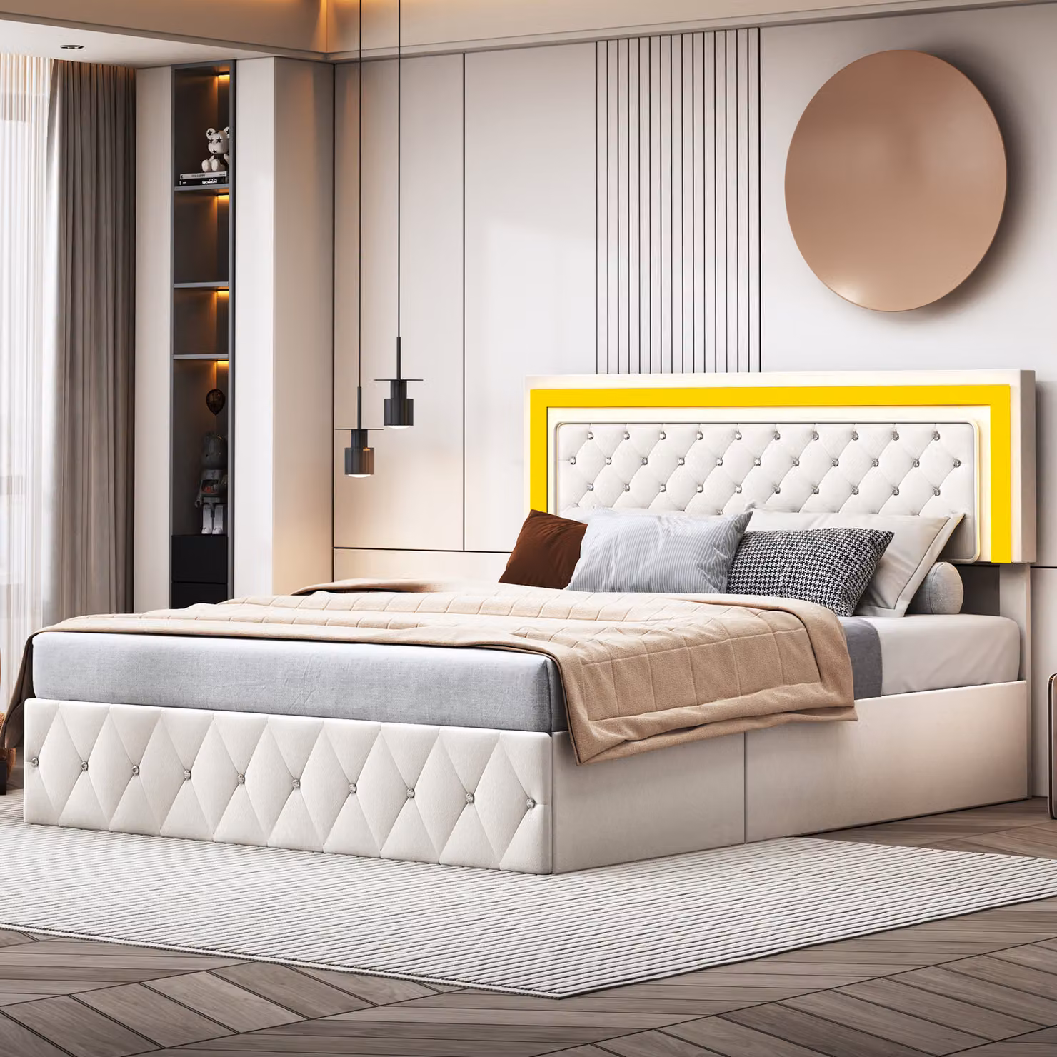 Letto a molle idrauliche 140x200cm Struttura letto a LED Testiera regolabile con Smart Control RGBW LED, letto matrimoniale in velluto, beige
