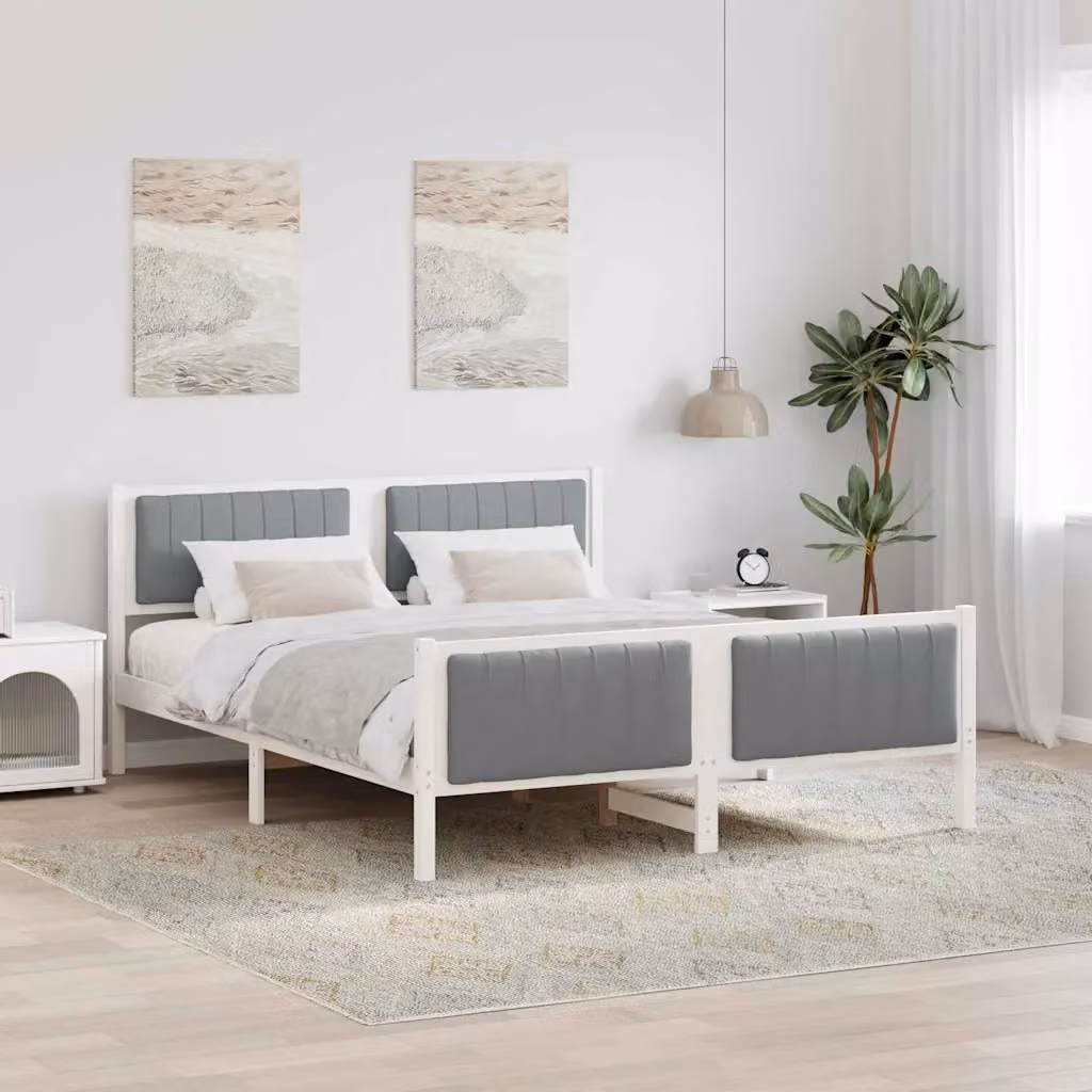 Struttura del letto imbottita moderna vidaXL in legno di pino, Bianco e Grigio, L/P/H: 150 x 200 x 85,5 cm – 1