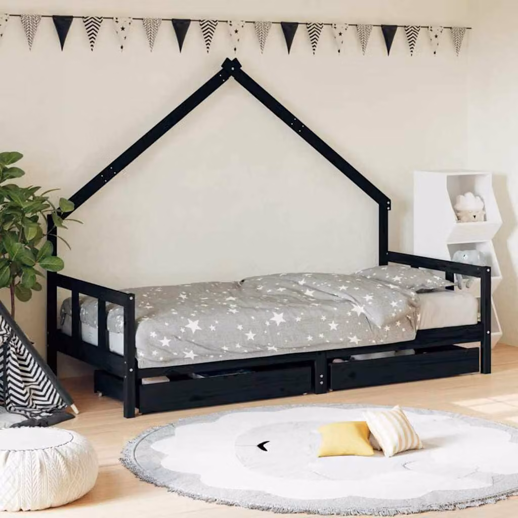 Giroletto per bambini vidaXL in legno massello di pino con cassetti, Nero, L 200 x P 90 cm – 1