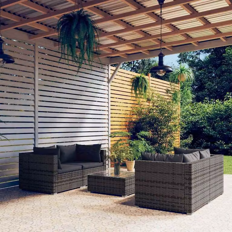 Set da giardino vidaXL composto da 5 pezzi con divani a L, elementi angolari, tavolino da esterno e cuscini imbottiti in antracite e grigio con struttura in metallo e rattan