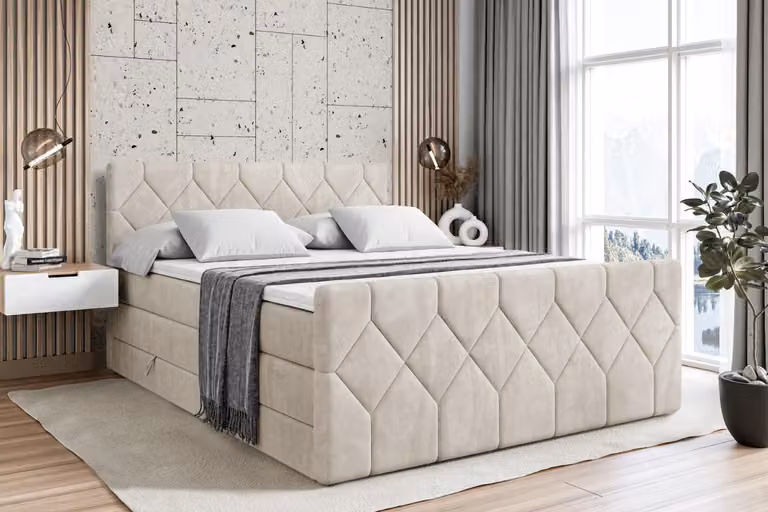 Letto boxspring ALTDECOR con pediera, 2 materassi e topper - 160x200 cm - CATOR-Z KING - Velluto color crema - Letto imbottito con materassi H3 e H4, contenitore e rete a doghe, letto con spazio contenitivo