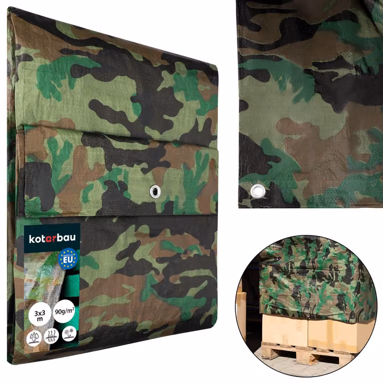 KOTARBAU® Telone in tessuto 3 x 3 m Colore mimetico 80g/m2 Telone con occhielli Telone protettivo rinforzato Telone per edilizia Telone impermeabile Antistrappo Telone industriale Qualsiasi condizione atmosferica Telone per tende