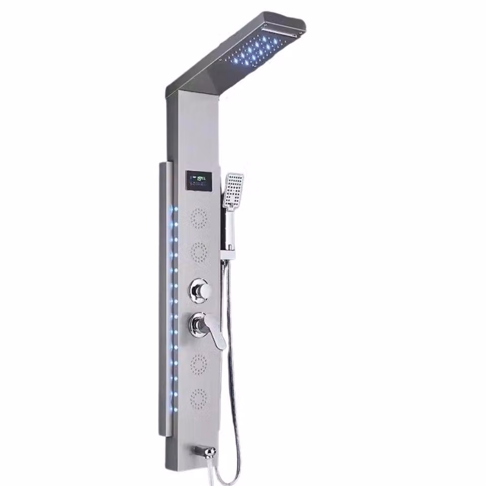 Pannello doccia multifunzionale con display LED, acciaio inox, montaggio a parete, Nickel-F-8003