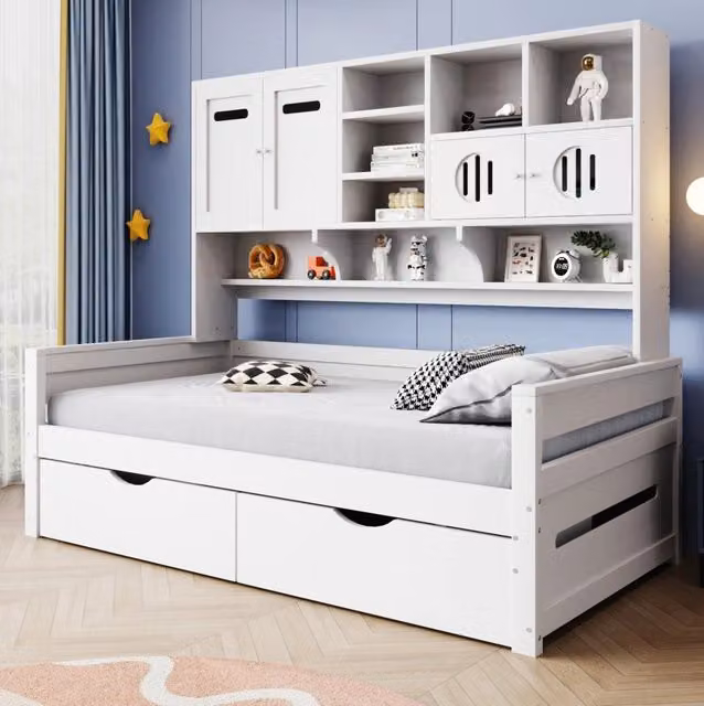 Letto singolo multifunzione 90x200 cm con ampio spazio contenitivo e struttura in legno di pino bianco (senza materasso)