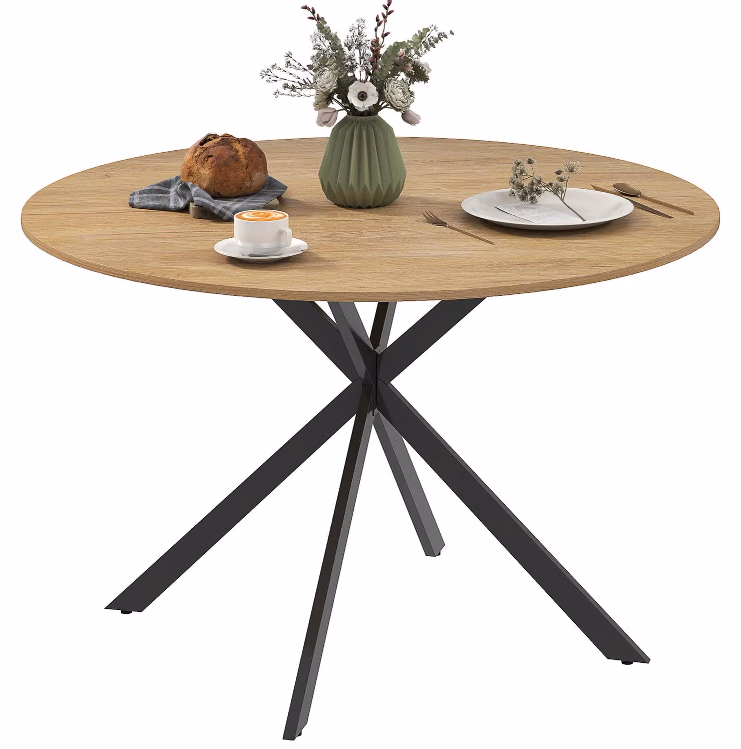 Tavolo da pranzo rotondo per 4 persone, tavolo da cucina in stile industriale con gambe in acciaio, per sala da pranzo, cucina, rovere