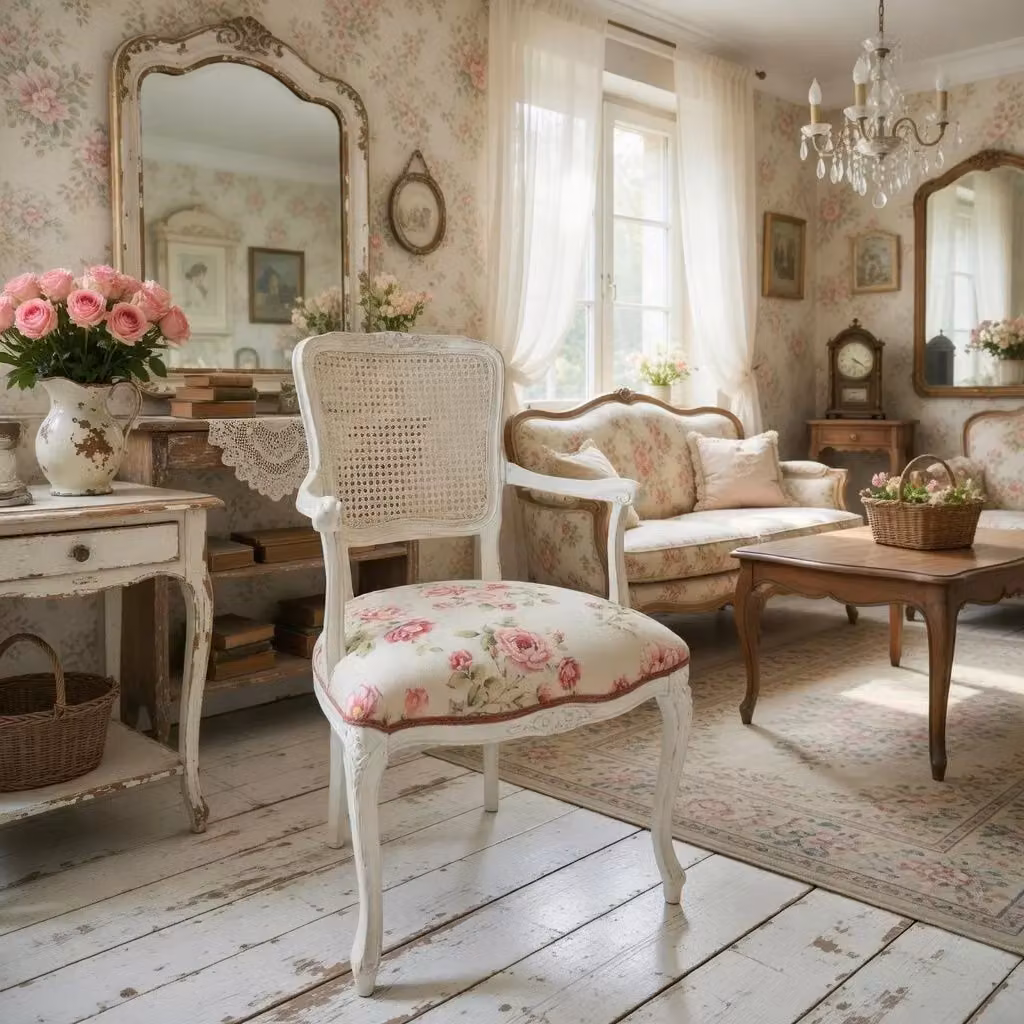 Poltrona parigina in stile shabby con struttura in legno di faggio e tessuto floreale bianco Mobili 2G L/P/H: 55 x 45 x 85 cm – 2