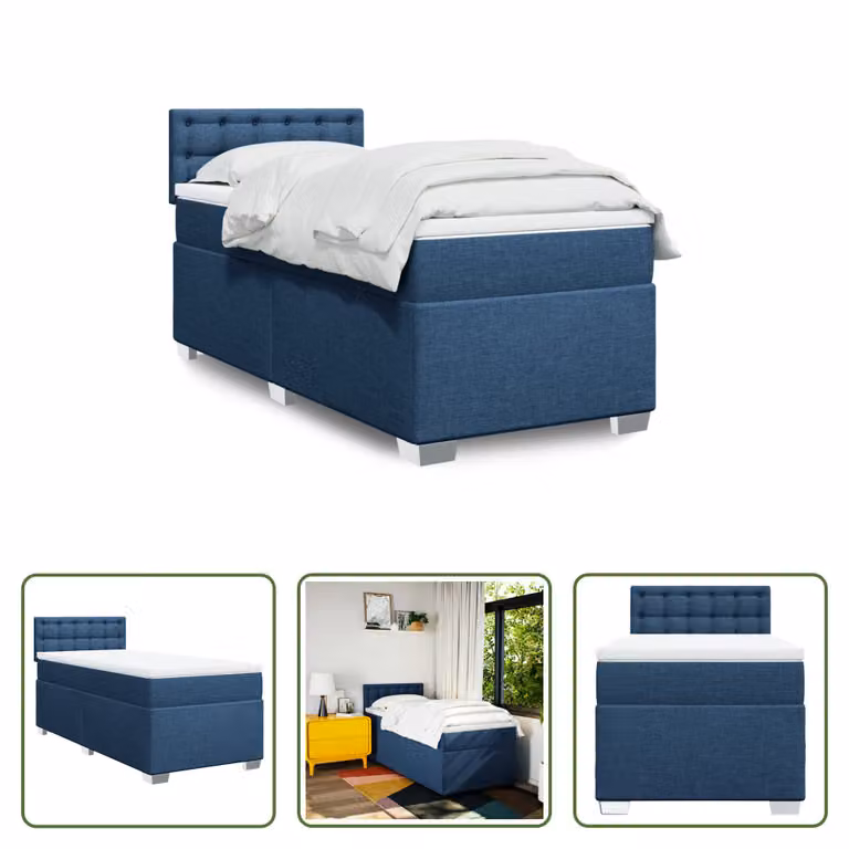 The Living Store Letto a molle con materasso blu 90x190 cm in tessuto