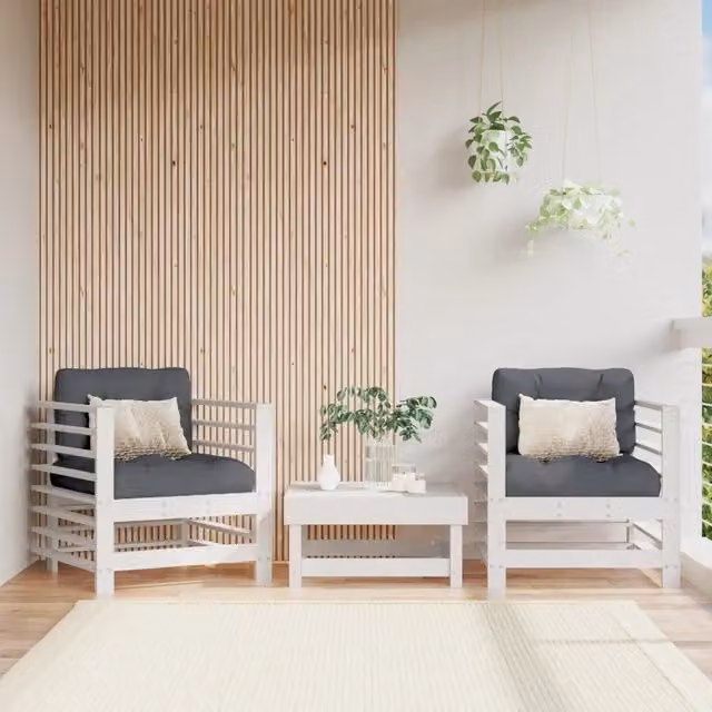 Set di 2 sedie da giardino in legno di pino bianco con braccioli e cuscini inclusi