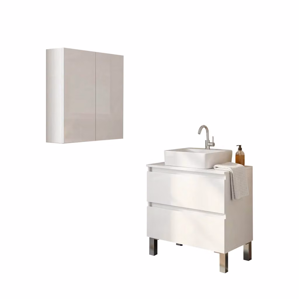 DMORA Set Mobili Bagno Moderno Bianco Lucido con Mobile Lavabo e Pensile L/P/H: 60 x 40 x 63.5 cm – 2