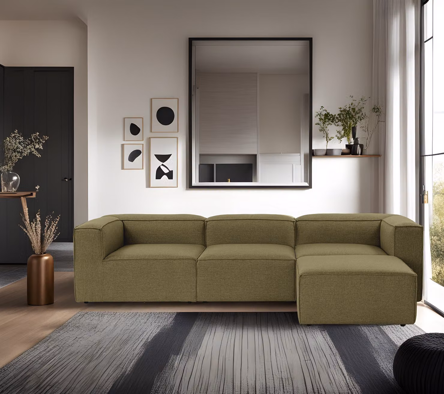 Hanah Home, Fora - Green, divano ad angolo, 100% carpino, verde, 296 x 185 x 66 cm
