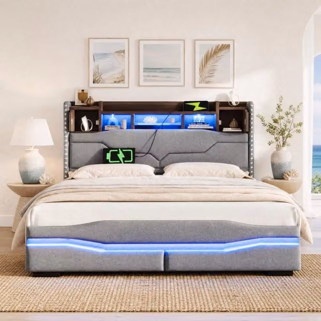 Letto imbottito moderno grigio con contenitore idraulico, luci LED, ricarica USB e luci di lettura, L/P/H: 160 x 200 x 111 cm – 1