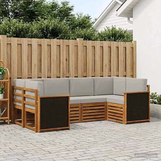 Set di divani da esterno vidaXL a forma di L composto da 6 pezzi in legno di acacia con cuscini inclusi, colore beige e grigio