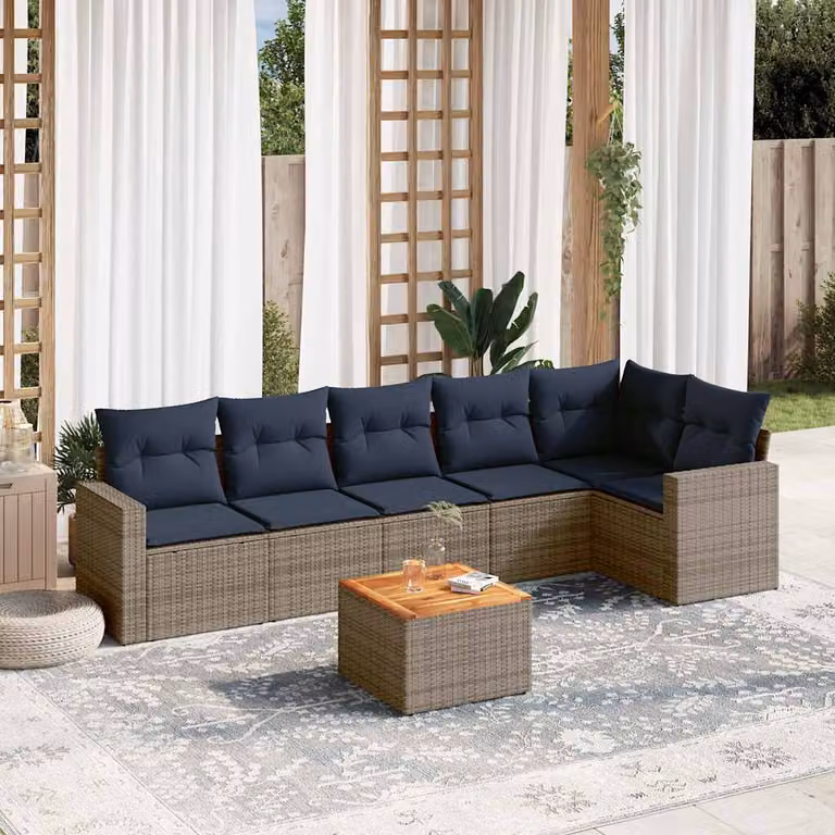 vidaXL Set Divani da Giardino 7 pz a Forma a L in Polyrattan con Cuscini Grigio e Blu