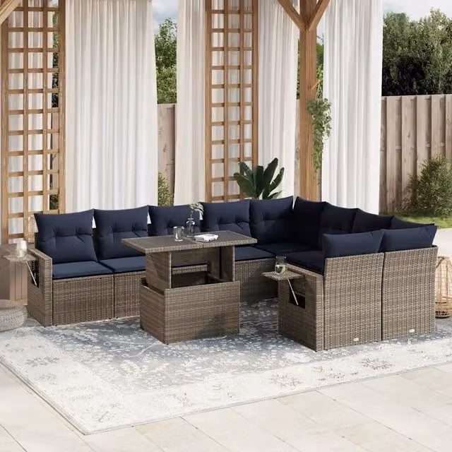 Set Divani da Giardino 10 pz con Cuscini Grigio in Polyrattan 3268131