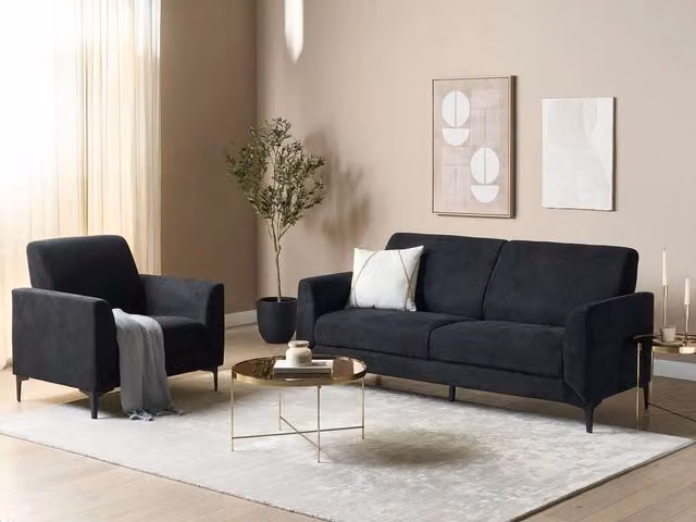 Divano Beliani a 3 posti in stile retrò con rivestimento in velluto nero e coperture rimovibili L: 188 cm, P: 90 cm, H: 75 cm – 1