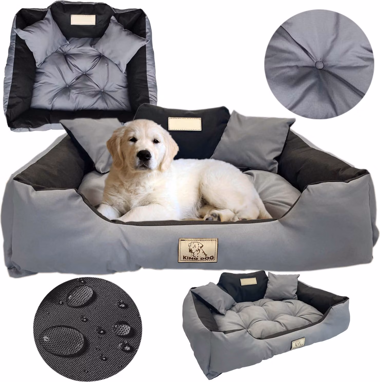Cuccia per cani, divano impermeabile, 130 x 105 cm, spazio per il nome, lettiera, cuscini, divanetto, divano, recinto, grigio scuro