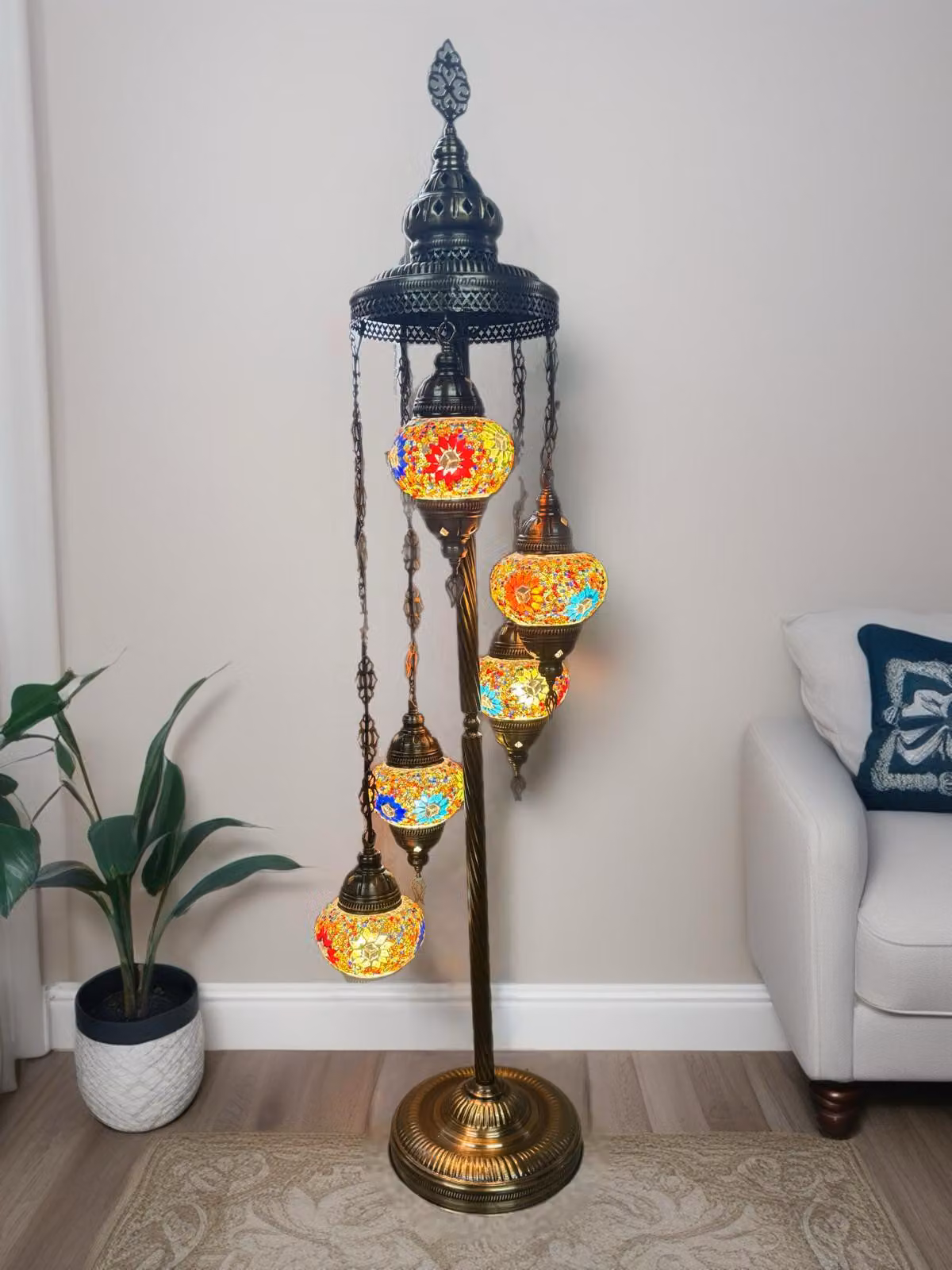 Lampada da terra turca con 5 sfere di vetro mosaico realizzate a mano – Lampada da salotto multicolore, altezza 120 cm