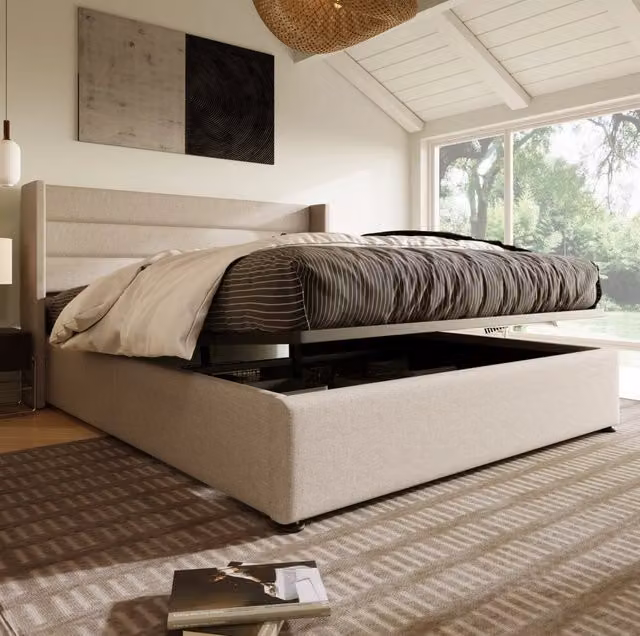 Letto contenitore 180x200 cm in lino beige con sollevamento idraulico, senza materasso