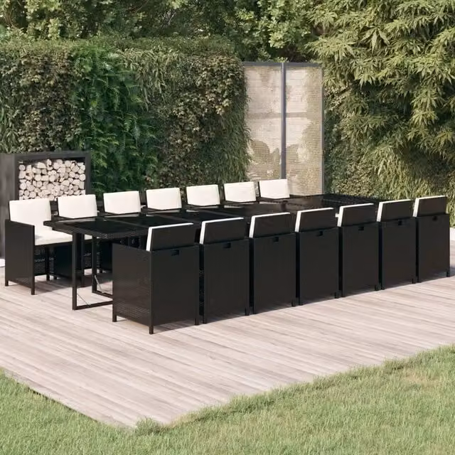 Set da pranzo da giardino vidaXL in polyrattan nero e bianco con tavolo in vetro e 15 pezzi