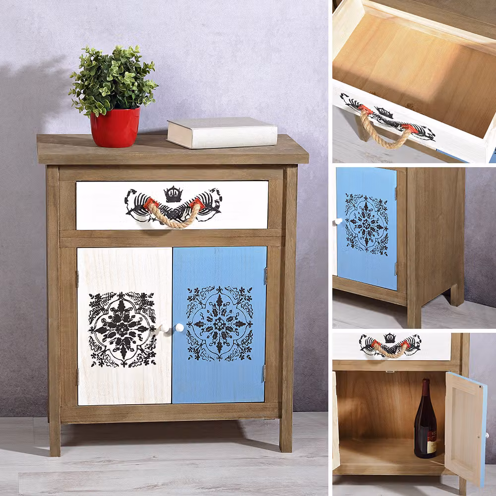Credenza effetto marrone e bianco, armadio a muro, credenza alta, scaffale in stile mediterraneo