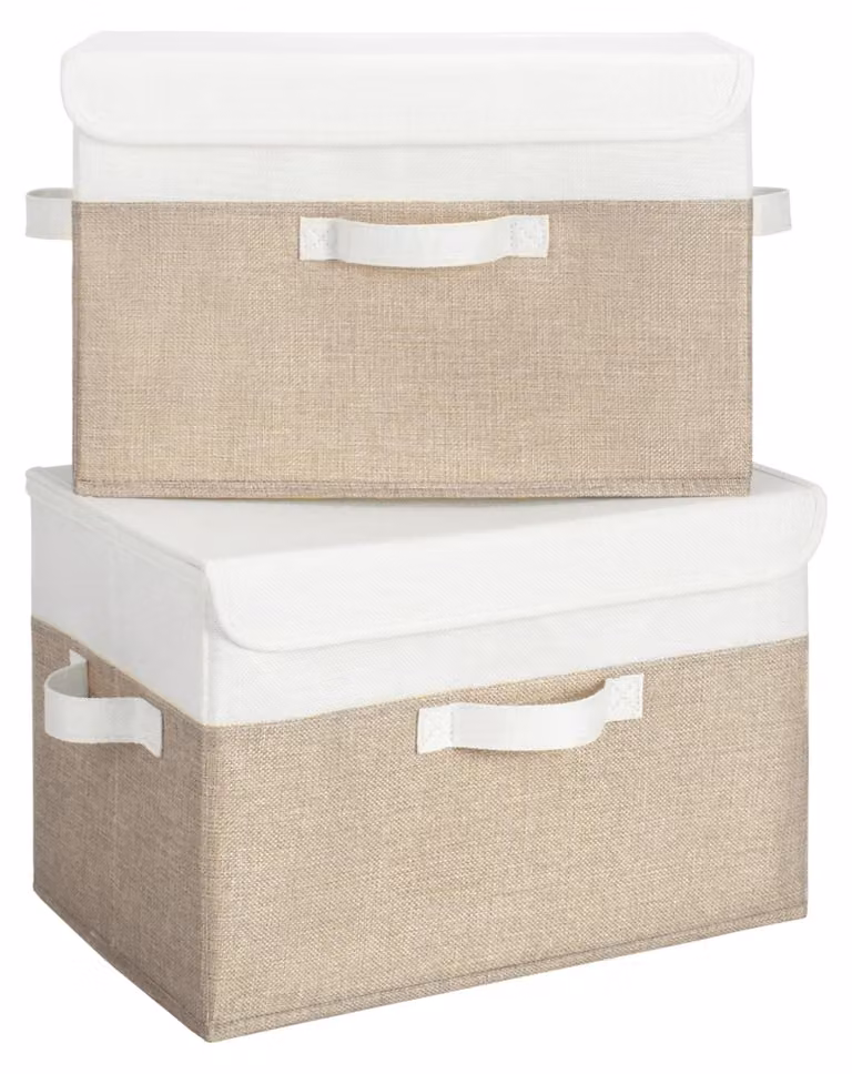 Scatole contenitore con coperchio, set da 2, contenitori pieghevoli per abbigliamento - Bianco e kaki