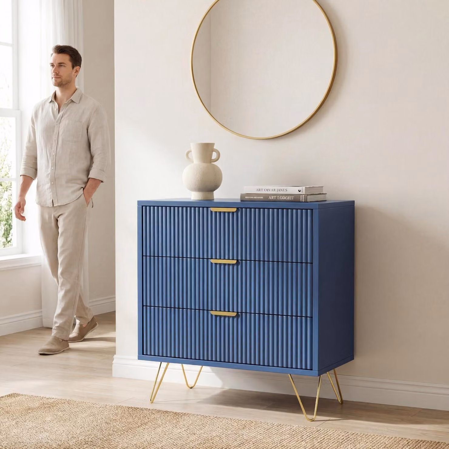 Comodino con 3 cassetti, colore blu, dimensioni 60 x 40 x 70 cm, realizzato in MDF con gambe in metallo