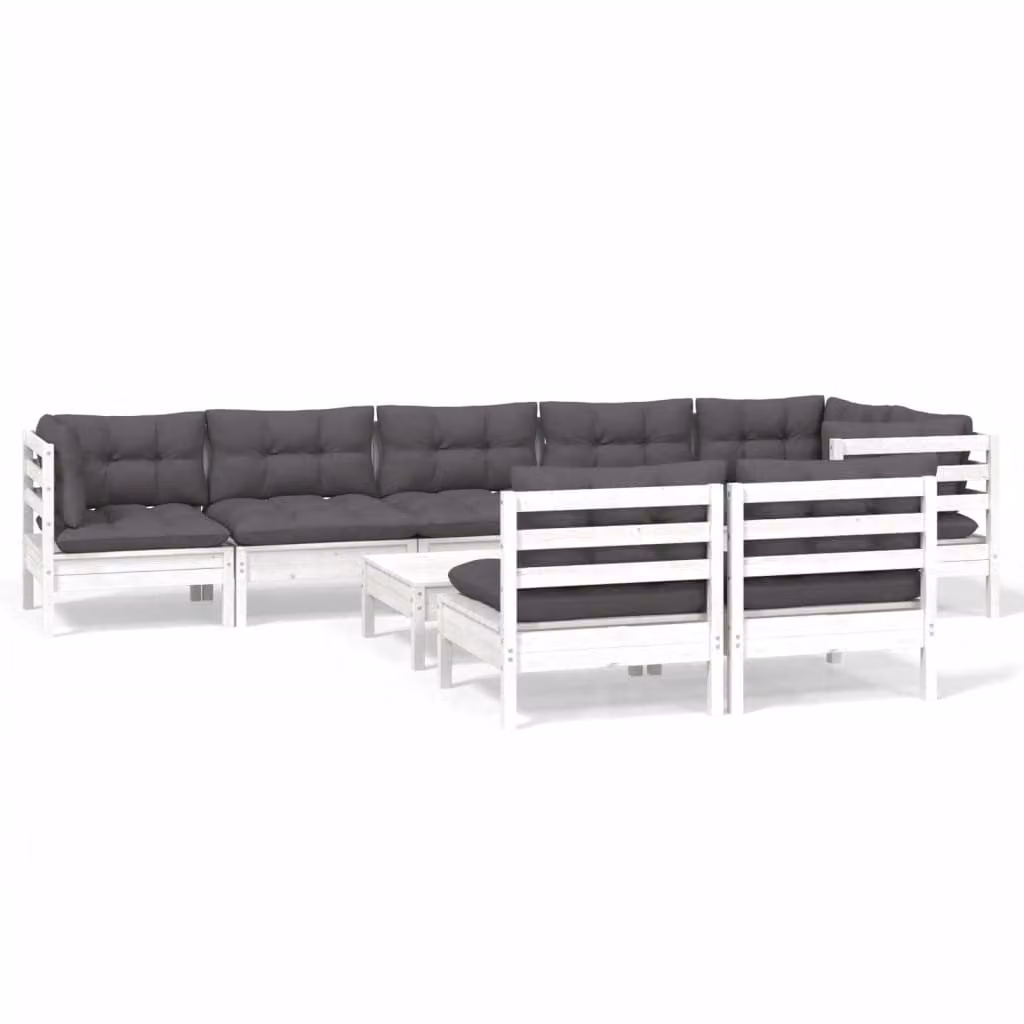 Set Divani da Giardino 9 pz con Cuscini Bianchi Legno di Pino