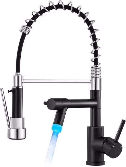 Keukenkraan Professionale LED con 360° di Rotazione, Due Uscite, Arcata Alta per Doccia e Spout per Spoutkraan, Nero e Cromo