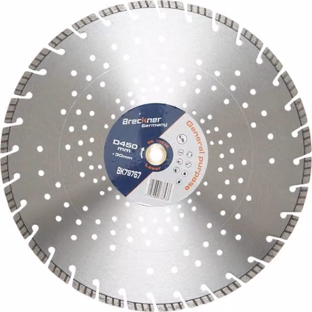 Disco diamantato turbo segmentato Breckner Germany per cemento armato e pietra dura, Diametro: 45 cm, Foro: 3 cm, Colore: argento