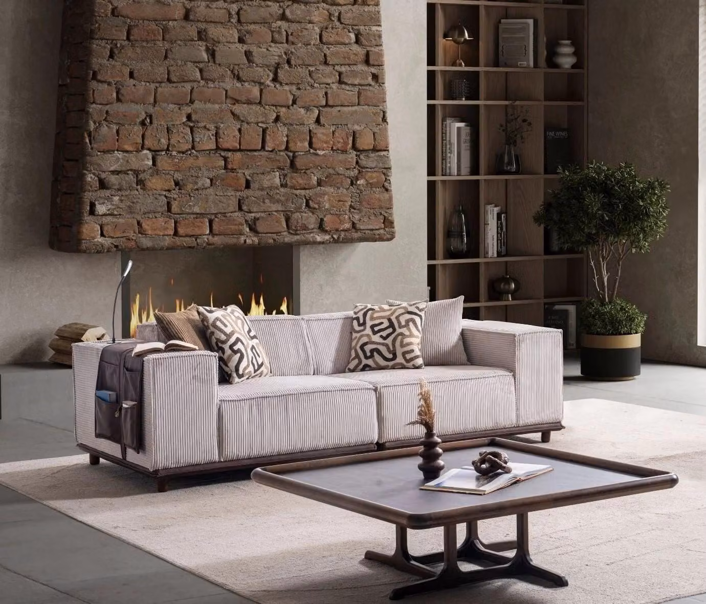 Luxuriöses Stoffsofa Designer Holz Couchtisch Wohnzimmer Set