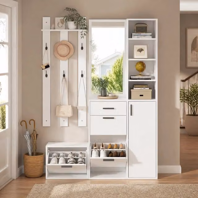 Set di mobili da ingresso MIVRAY in MDF bianco con 3 scarpiere a ribalta, specchio e 6 ganci, L 120 x P 30 x H 178 cm