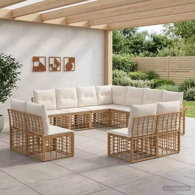 Set di divani da esterno 11 pz Naturale e Bianco Crema 3437712