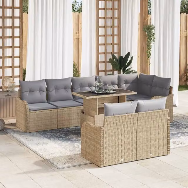 Set da giardino moderno vidaXL in rattan con 9 pezzi beige e grigio composto da divano angolare e tavolino da caffè con cuscini rimovibili – 1