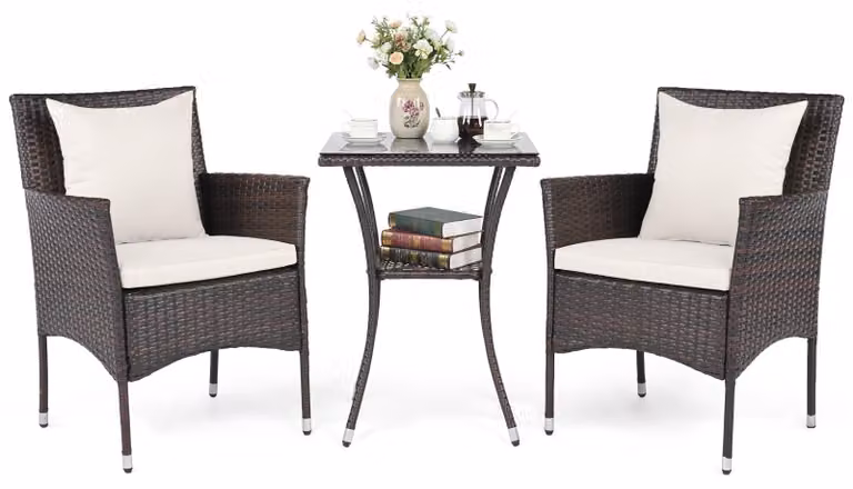 Set di mobili da giardino COSTWAY in polyrattan, mobili da balcone con 2 poltrone, tavolo in vetro e cuscini, salottino da giardino per 2 persone, salottino, mix marrone+bianco