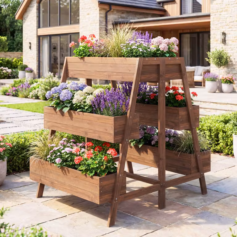 Orto rialzato a più livelli Costway in legno marrone per interno ed esterno, supporto per piante e contenitore per giardino e balcone