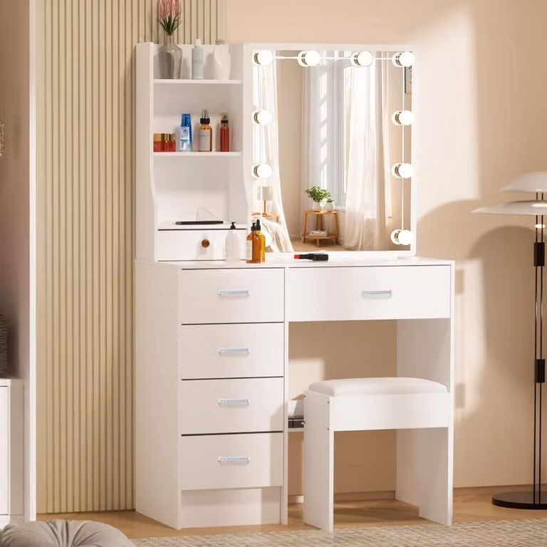 Tavolino con illuminazione e sgabello bianco 80x34x130cm