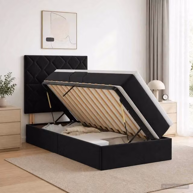 Letto con contenitore e materasso vidaXL in velluto nero con illuminazione sottostante e porta USB L/P/H: 204 x 128 x 140 cm – 1