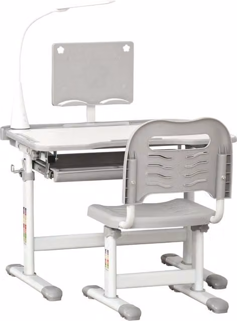 Set Tavolo e Sedie HOMCOM Grigio con Altezza e Inclinazione Regolabile, Leggio, Portapenne, Porta Tazza e Lampada USB per Bambini dai 6 ai 10 Anni