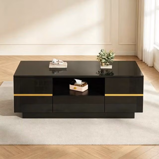 Tavolino da caffè con 2 ante; cassetto e vano aperto in MDF nero e oro; 100x50x35;5 cm