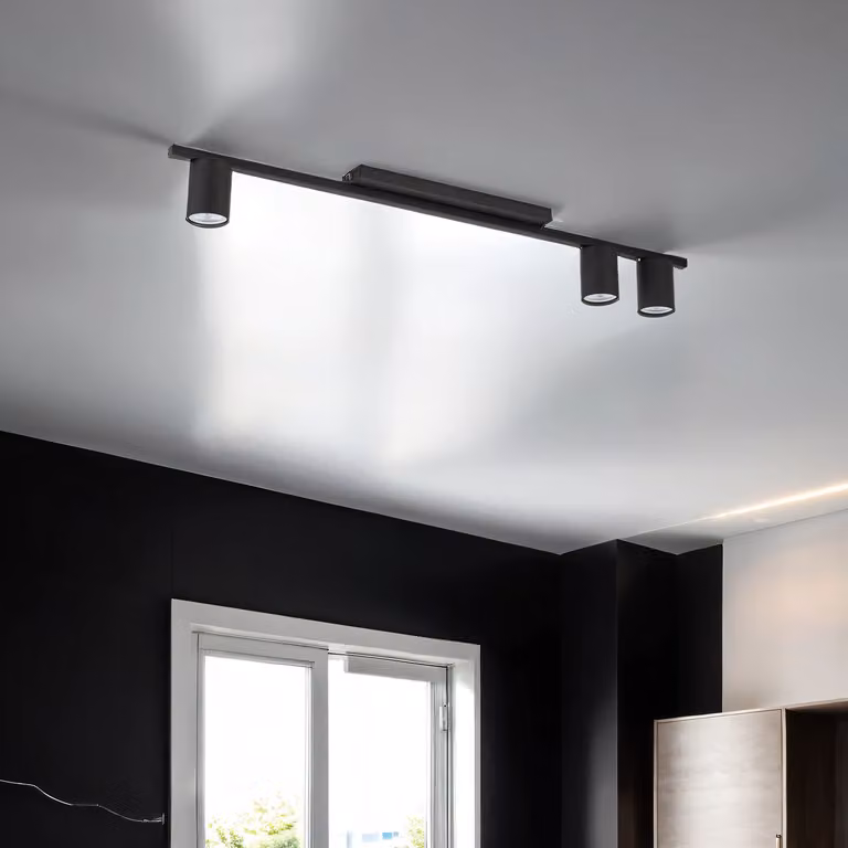 Plafoniera in metallo nero lunga 80 cm in metallo piatto a 3 luci GU10