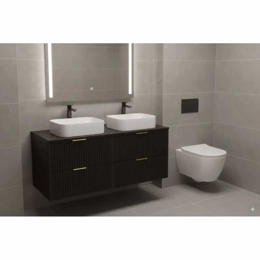 Mobile sottolavabo NOXERA Meublorama nero opaco con 4 cassetti e 2 lavabi da appoggio, Larghezza: 120 cm – 2