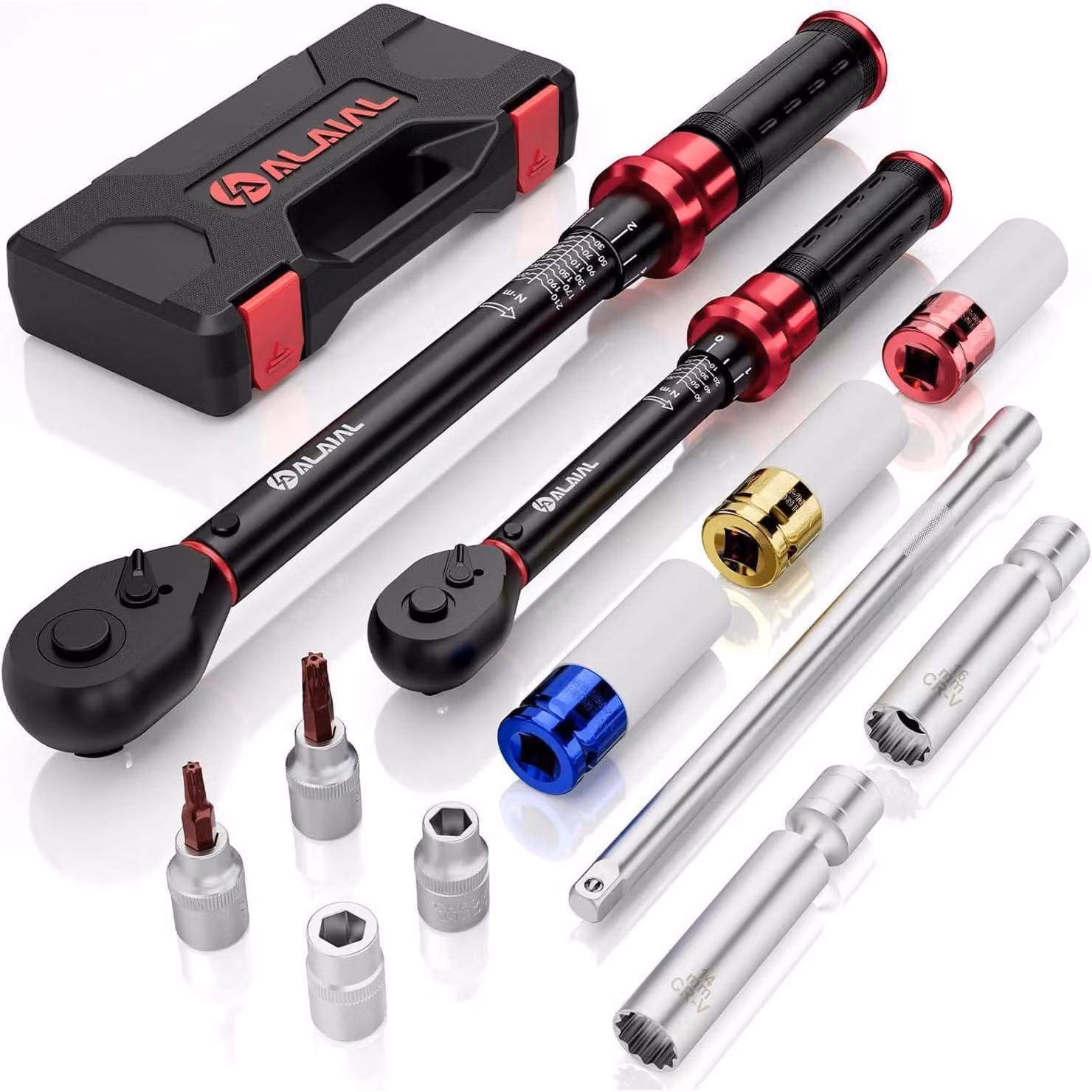 Set di chiavi dinamometriche da 1/2" e 3/8", con range da 20-220 Nm e 5-60 Nm, composto da 12 pezzi con accessori