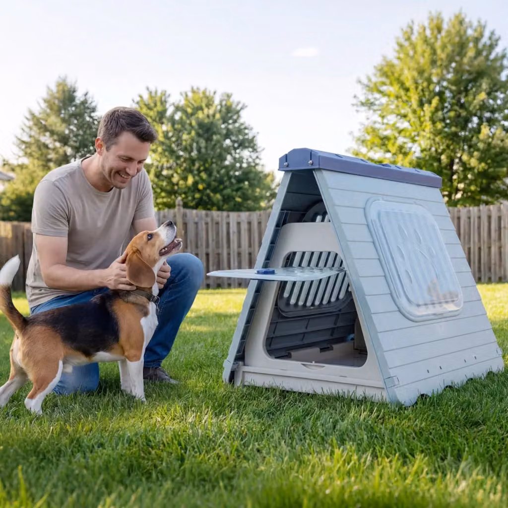 Cuccia pieghevole in plastica per cani con porta bloccabile e finestre ventilate, gabbia portatile impermeabile per cani piccoli e medi, Blu – 2