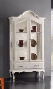 Vetrina cristalliera KIVIO in legno stile shabby chic bianca con ante in vetro e ripiani interni H: 196 cm, L: 104 cm, P: 45 cm
